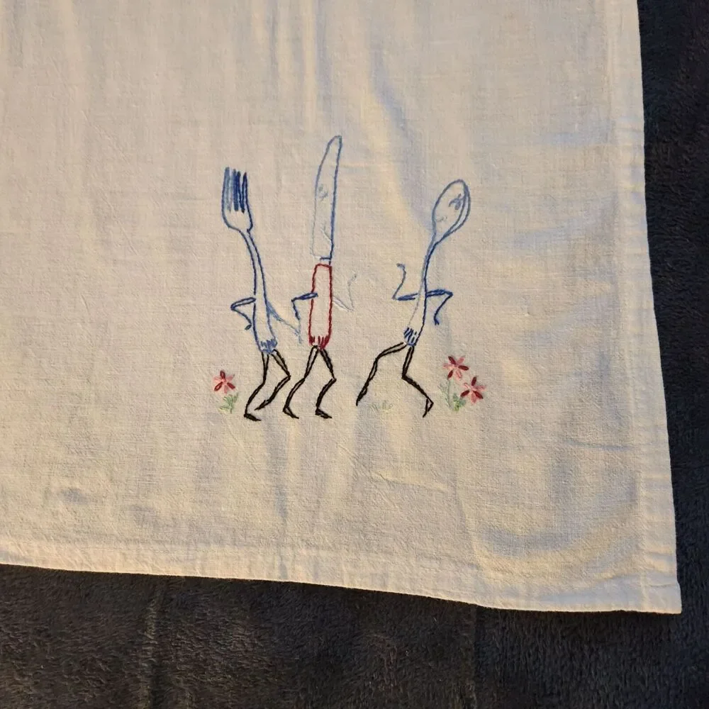 Embroidered Tablecloth Knife Spoon Fork Anthropomorphic Square 34x33in Whimsical